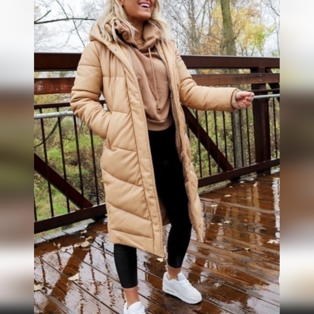 Abercrombie ultra long vegan leather puffer